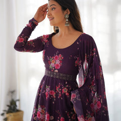 WAINE COLOURED PURE SOFT ORGANZA ANARKALI SUIT SET WITH FULLY STITCHED DKB 26