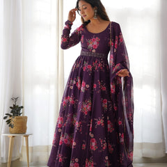 WAINE COLOURED PURE SOFT ORGANZA ANARKALI SUIT SET WITH FULLY STITCHED DKB 26
