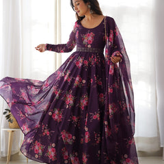 WAINE COLOURED PURE SOFT ORGANZA ANARKALI SUIT SET WITH FULLY STITCHED DKB 26