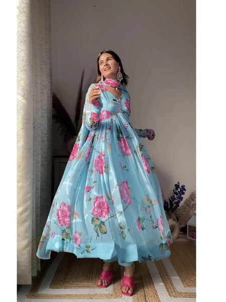 Aniska Sky Blue Floral Print Suit Set