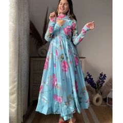 Aniska Sky Blue Floral Print Suit Set