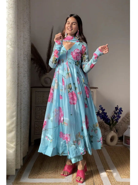 Aniska Sky Blue Floral Print Suit Set
