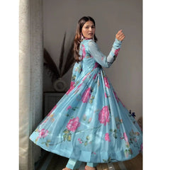 Aniska Sky Blue Floral Print Suit Set