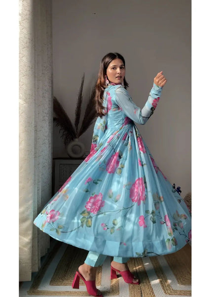 Aniska Sky Blue Floral Print Suit Set