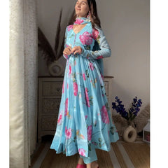 Aniska Sky Blue Floral Print Suit Set
