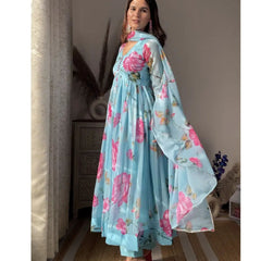 Aniska Sky Blue Floral Print Suit Set