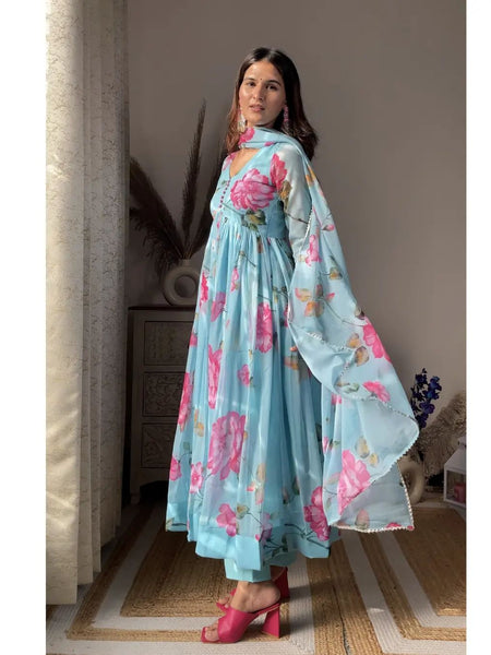 Aniska Sky Blue Floral Print Suit Set