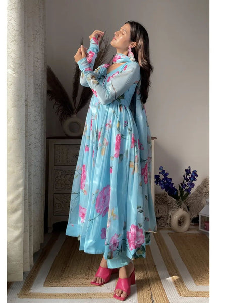 Aniska Sky Blue Floral Print Suit Set