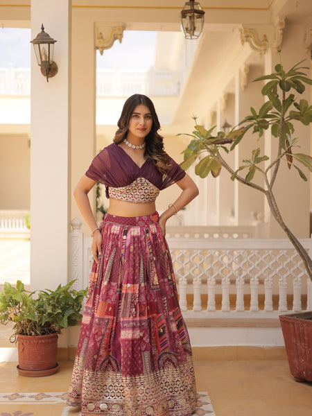 Russian Silk Rich Digital Printed With Foil Embroidery Work Lehenga Choli KA-5032
