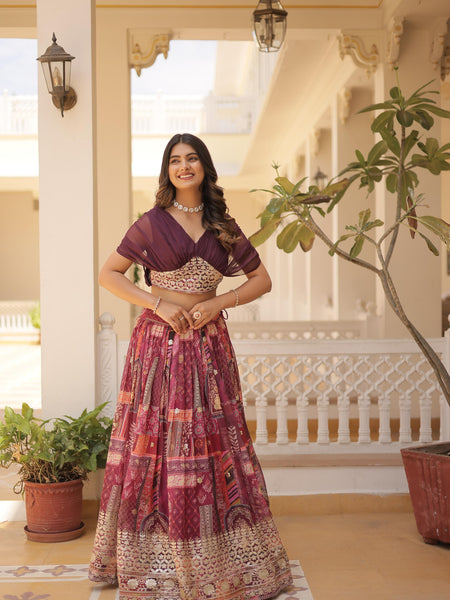 Russian Silk Rich Digital Printed With Foil Embroidery Work Lehenga Choli KA-5032