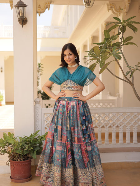 Russian Silk Rich Digital Printed With Foil Embroidery Work Lehenga Choli KA-5032