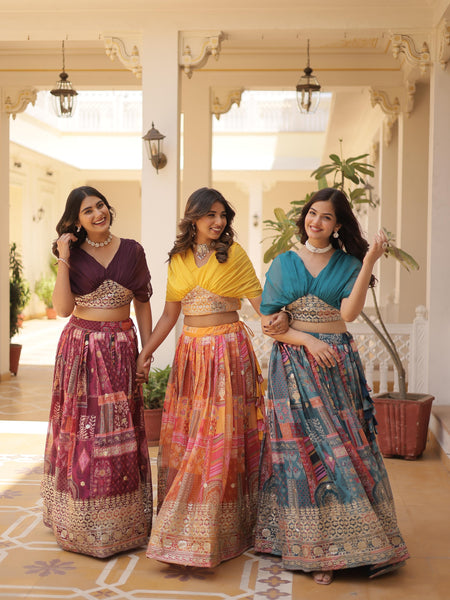 Russian Silk Rich Digital Printed With Foil Embroidery Work Lehenga Choli KA-5032
