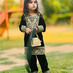 Premium Dark Green Viscose Velvet Kids Top Bottom Sets