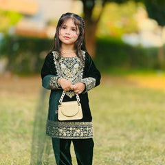 Premium Dark Green Viscose Velvet Kids Top Bottom Sets
