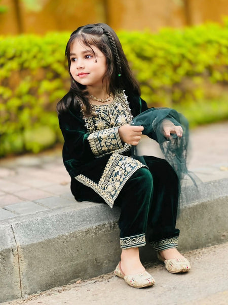 Premium Dark Green Viscose Velvet Kids Top Bottom Sets