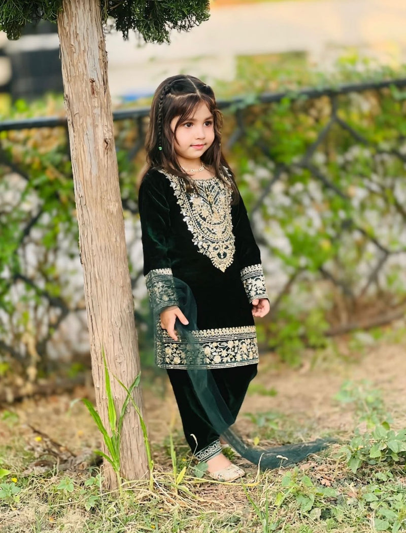 Premium Dark Green Viscose Velvet Kids Top Bottom Sets