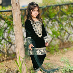 Premium Dark Green Viscose Velvet Kids Top Bottom Sets