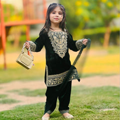 Premium Dark Green Viscose Velvet Kids Top Bottom Sets