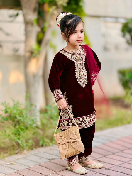 Premium Maroon Viscose Velvet Kids Top Bottom Dupatta Sets