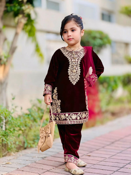 Premium Maroon Viscose Velvet Kids Top Bottom Dupatta Sets