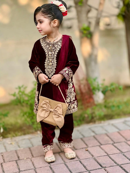 Premium Maroon Viscose Velvet Kids Top Bottom Dupatta Sets