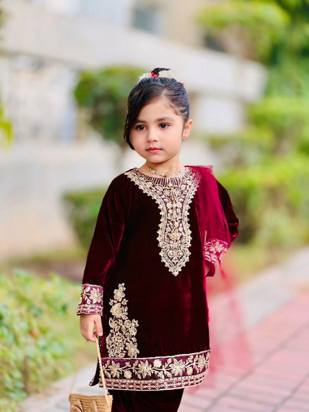 Premium Maroon Viscose Velvet Kids Top Bottom Dupatta Sets