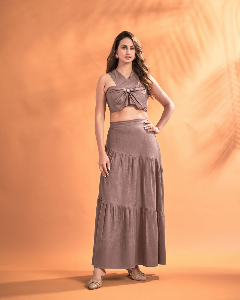Elegant Linen Co-Ord Set with Tie-Up Crop Top & Flared Skirt