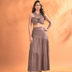 Elegant Linen Co-Ord Set with Tie-Up Crop Top & Flared Skirt