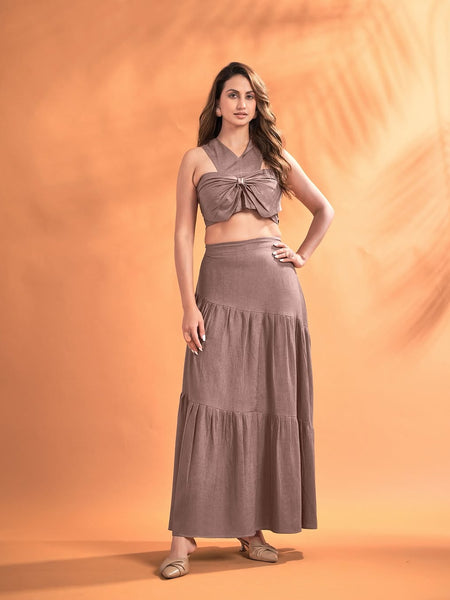 Elegant Linen Co-Ord Set with Tie-Up Crop Top & Flared Skirt