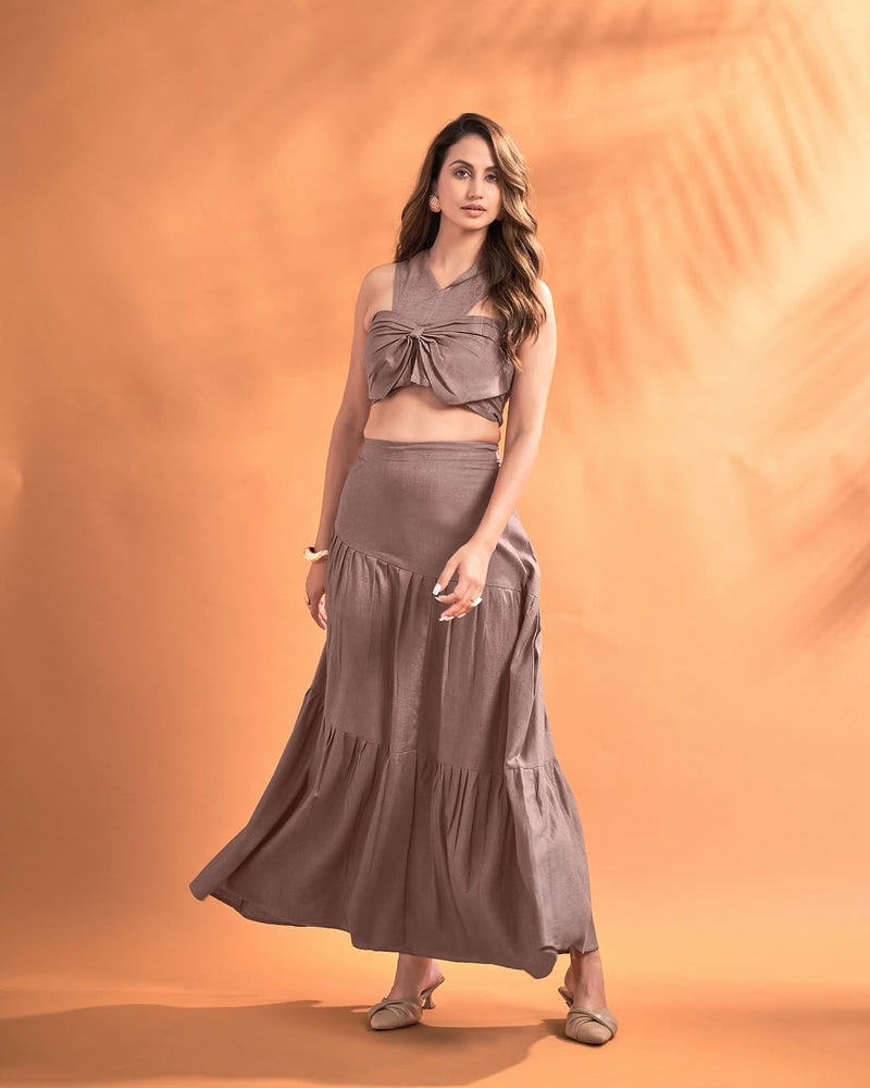 Elegant Linen Co-Ord Set with Tie-Up Crop Top & Flared Skirt