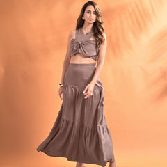 Elegant Linen Co-Ord Set with Tie-Up Crop Top & Flared Skirt