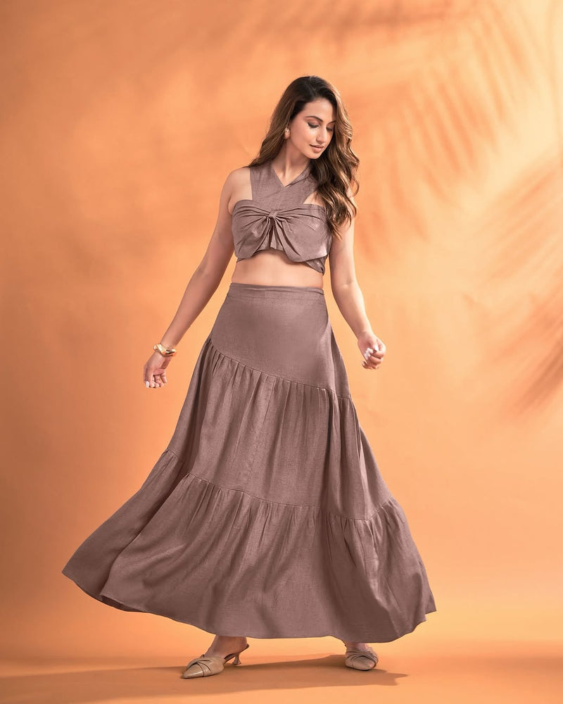 Elegant Linen Co-Ord Set with Tie-Up Crop Top & Flared Skirt
