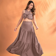 Elegant Linen Co-Ord Set with Tie-Up Crop Top & Flared Skirt