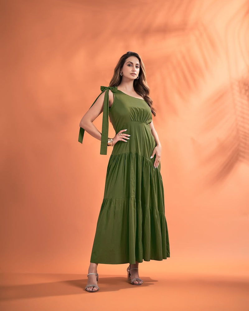 Women’s One-Shoulder Maxi Dress with Tie-Up Strap – Solid Elegant Flared Dress