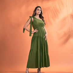 Women’s One-Shoulder Maxi Dress with Tie-Up Strap – Solid Elegant Flared Dress