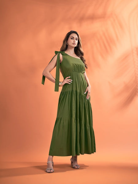 Women’s One-Shoulder Maxi Dress with Tie-Up Strap – Solid Elegant Flared Dress