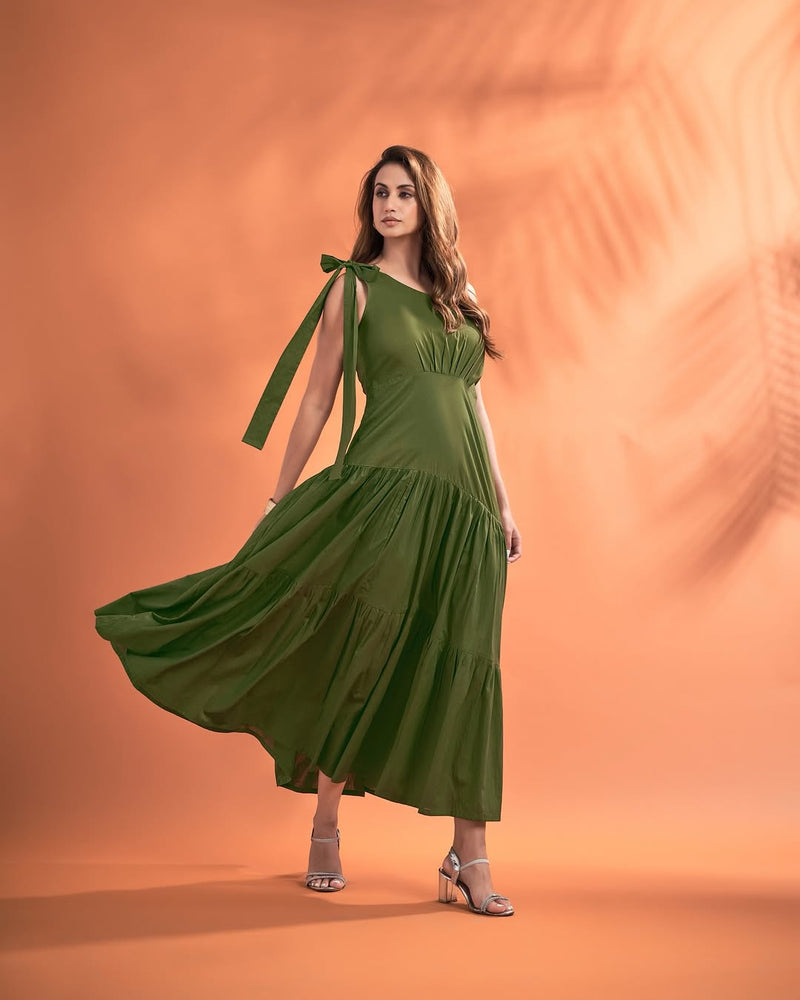 Women’s One-Shoulder Maxi Dress with Tie-Up Strap – Solid Elegant Flared Dress