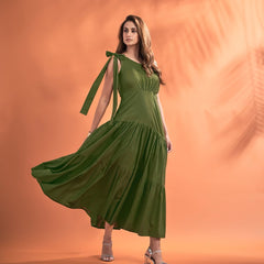 Women’s One-Shoulder Maxi Dress with Tie-Up Strap – Solid Elegant Flared Dress