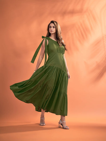 Women’s One-Shoulder Maxi Dress with Tie-Up Strap – Solid Elegant Flared Dress