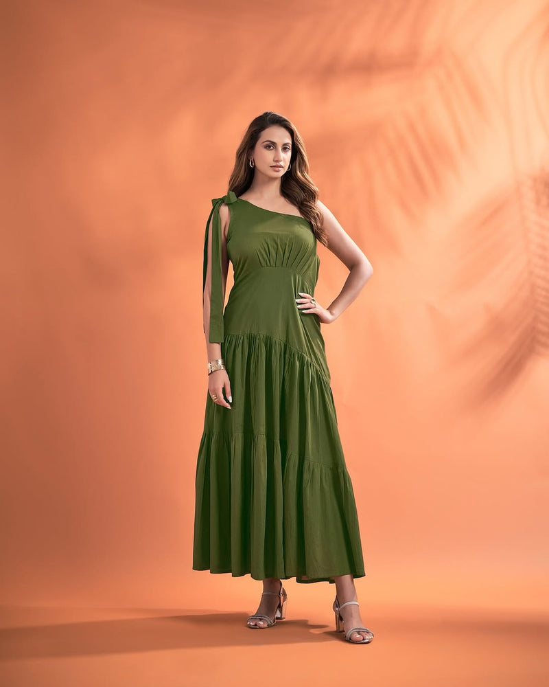 Women’s One-Shoulder Maxi Dress with Tie-Up Strap – Solid Elegant Flared Dress