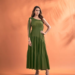 Women’s One-Shoulder Maxi Dress with Tie-Up Strap – Solid Elegant Flared Dress