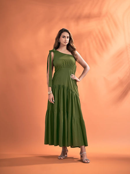 Women’s One-Shoulder Maxi Dress with Tie-Up Strap – Solid Elegant Flared Dress