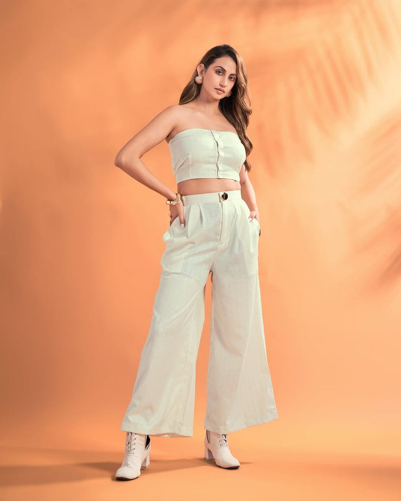 Women’s Solid Strapless Co-Ord Set – Tube Top & Wide-Leg Pants