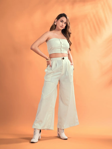 Women’s Solid Strapless Co-Ord Set – Tube Top & Wide-Leg Pants