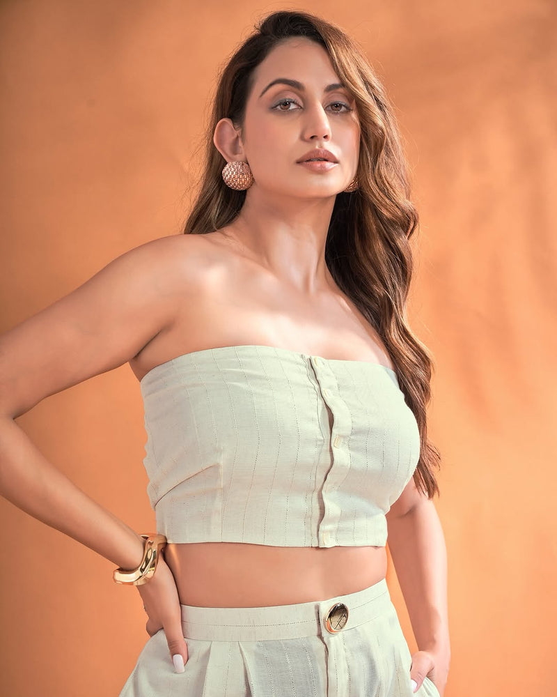 Women’s Solid Strapless Co-Ord Set – Tube Top & Wide-Leg Pants