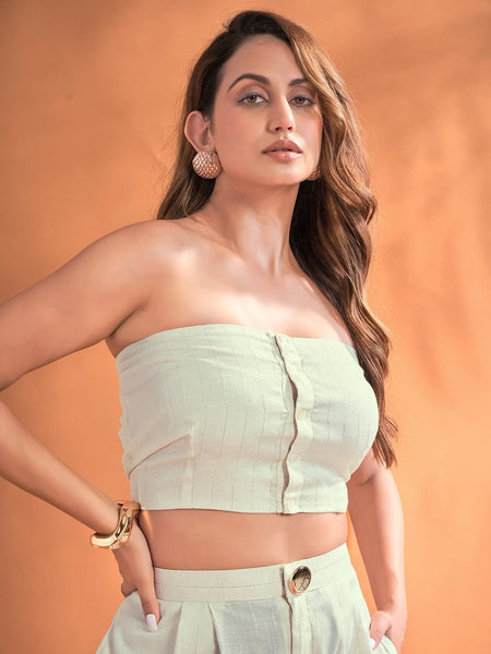 Women’s Solid Strapless Co-Ord Set – Tube Top & Wide-Leg Pants