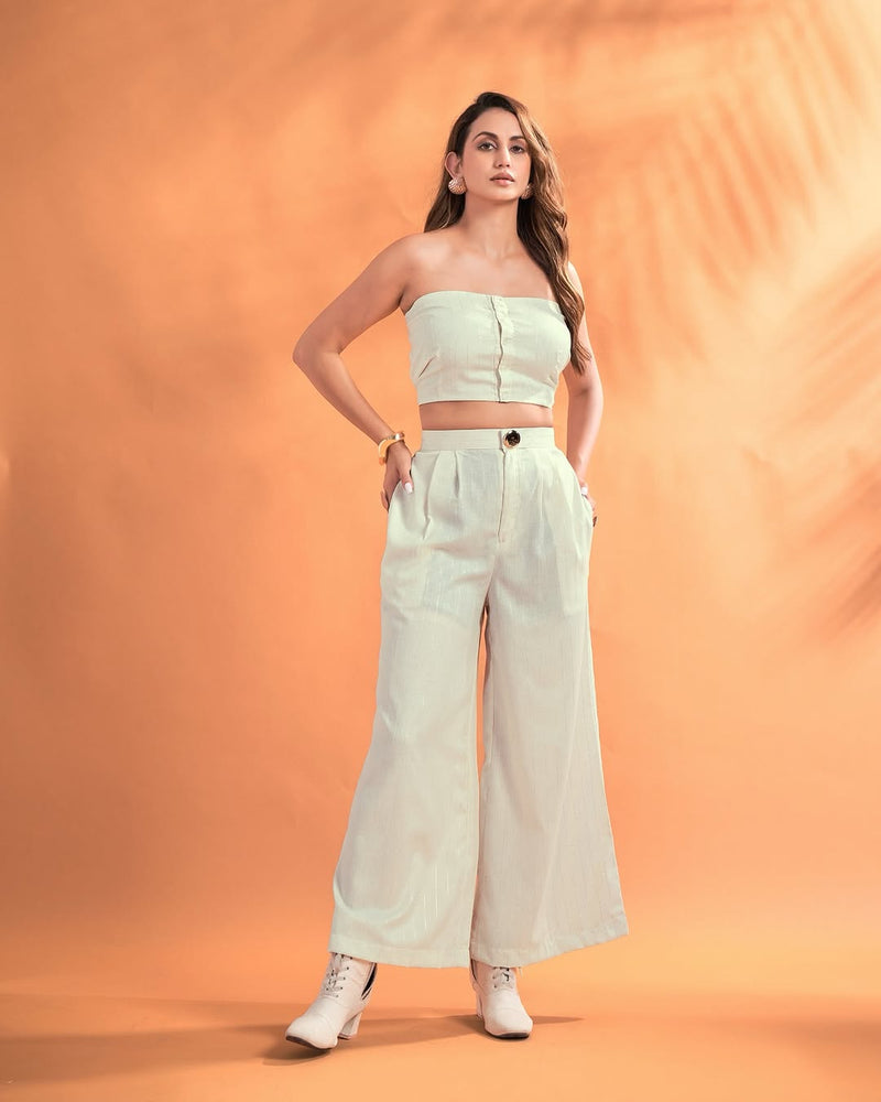 Women’s Solid Strapless Co-Ord Set – Tube Top & Wide-Leg Pants