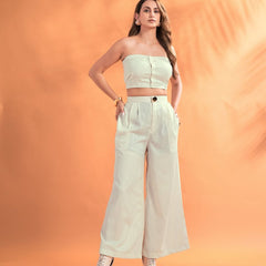 Women’s Solid Strapless Co-Ord Set – Tube Top & Wide-Leg Pants