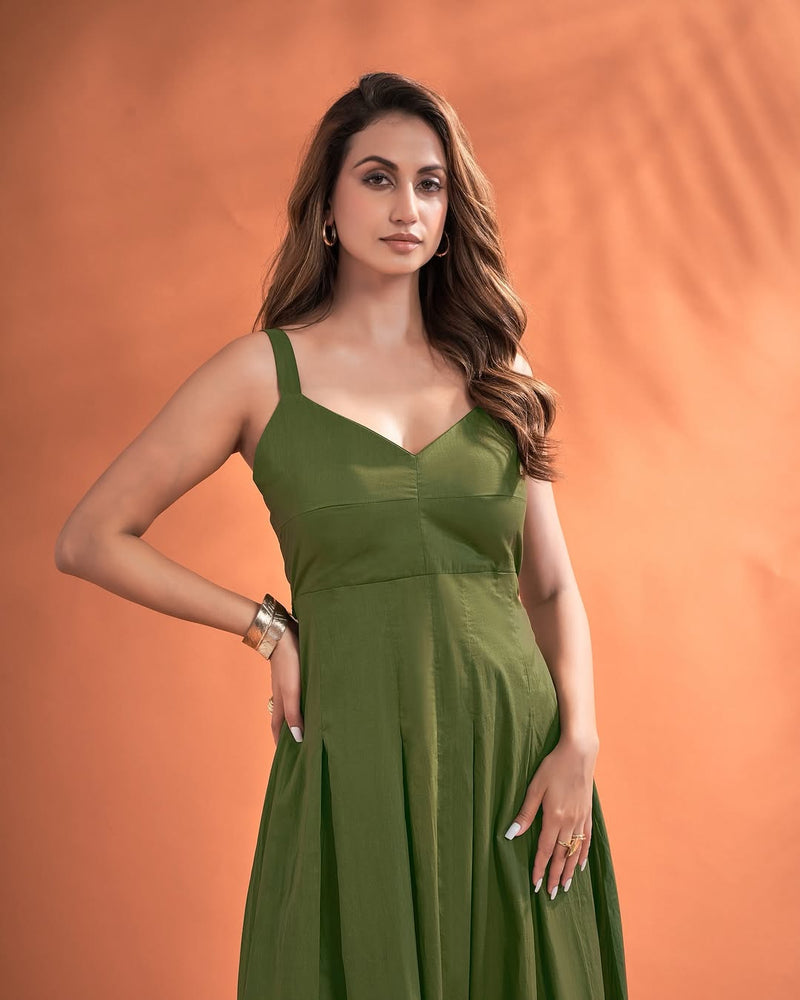 Women’s Solid Strappy Midi Dress – Elegant Fit & Flare Sleeveless Dress