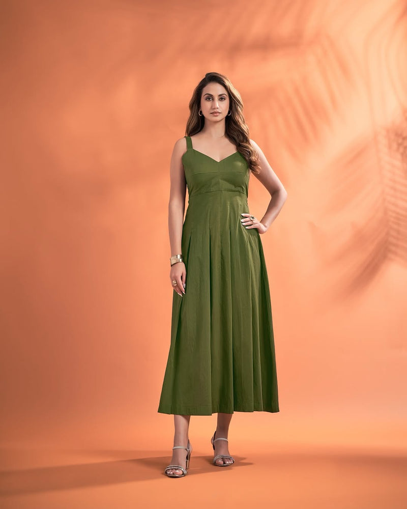 Women’s Solid Strappy Midi Dress – Elegant Fit & Flare Sleeveless Dress